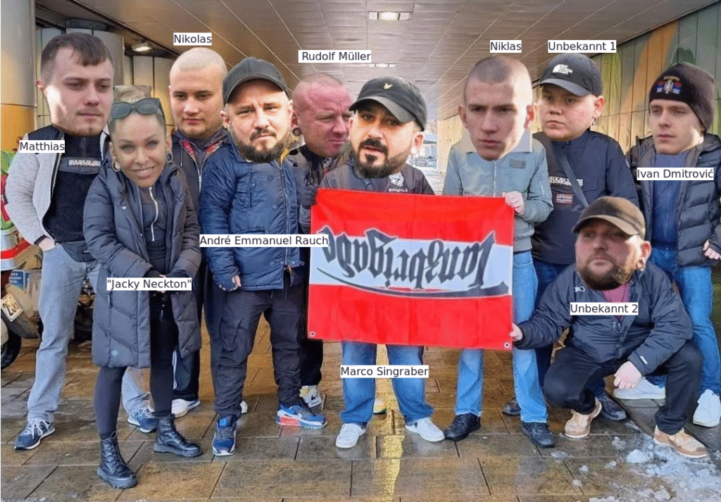 Neonazis der Tanzbrigade Wien posieren in Floridsdorf mit einer Fahne in den Farben: Rot-Weiß-Rot mit der Aufschrift "Tanzbrigade". Auf dem Bild sind 10 Personen. v.l.n.r: Matthias, "Jacky Neckton", Nikolas, André Emmanuel Rauch, Rudolf Müller, Marco Singraber, Niklas, Unbekannt 1, Unbekannt 2, Ivan Dmitrovic